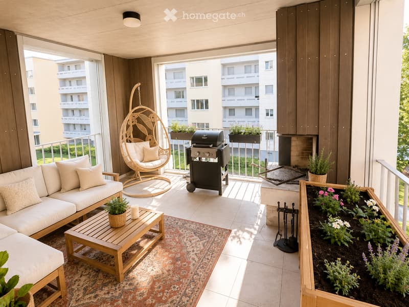 Balcony with a white sofa, wooden coffee table, wicker hanging chair, grill, fireplace, and several potted plants.