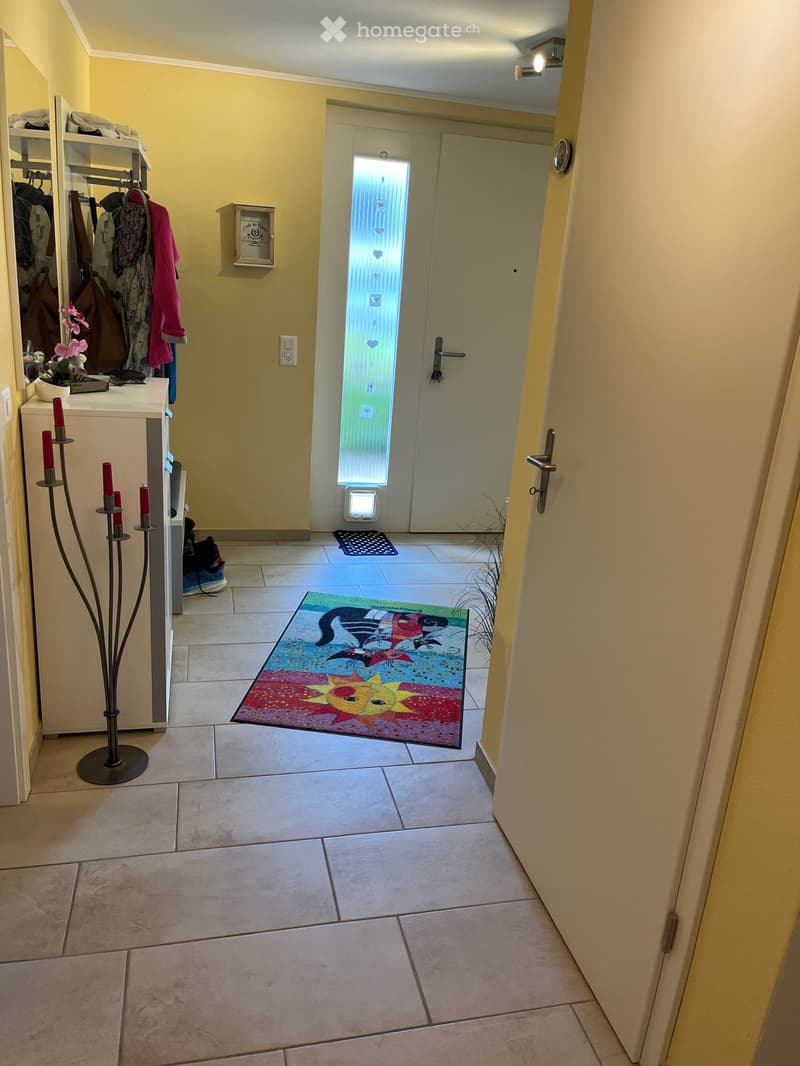 Hallway with tiled floor, colorful runner rug, coat rack, small table with candles, and a door with a cat flap.