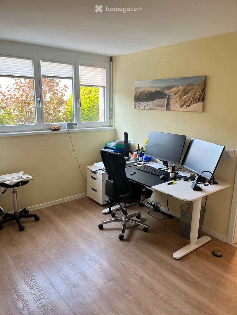 A modern, well-lit home office with a large desk, ergonomic chair, dual monitors, and a cabinet. The room features light wooden flooring and large windows with blinds.