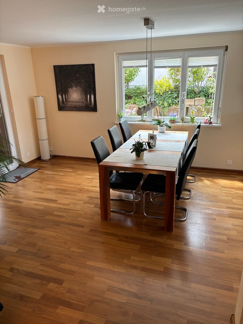 Bright kitchen with wooden flooring, large windows, dining table with chairs, potted plants, and artwork on the wall.