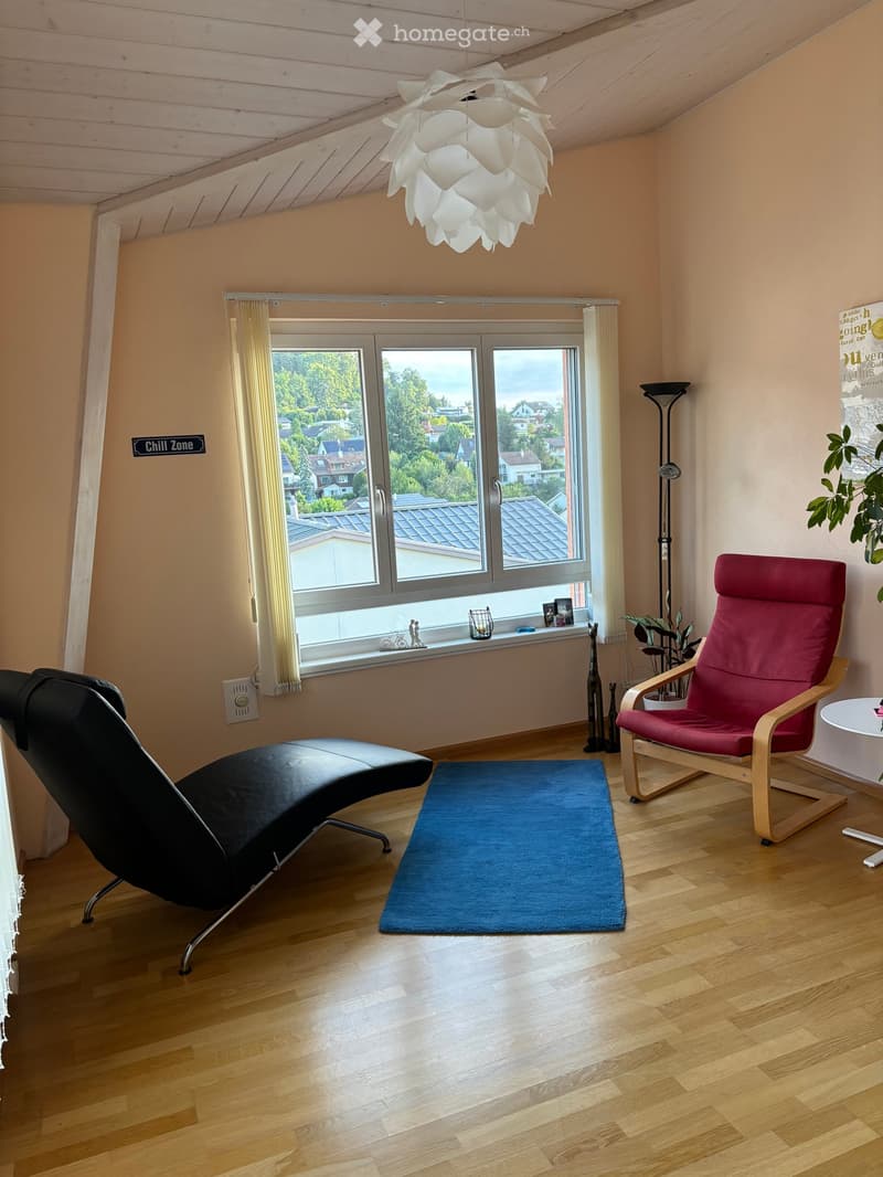 A cozy living room with wooden flooring, a large window offering a view of the neighborhood, a red armchair, a black chaise lounge, a small blue rug, a white pendant light, and a plant near the window.