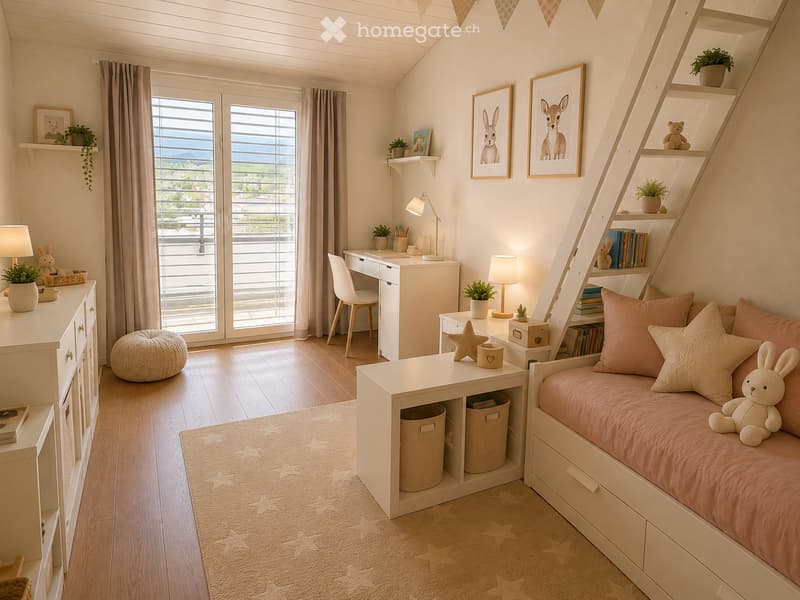 Cozy children's bedroom with a daybed, desk, storage unit, and decorative items. Features a view through large windows and a balcony.