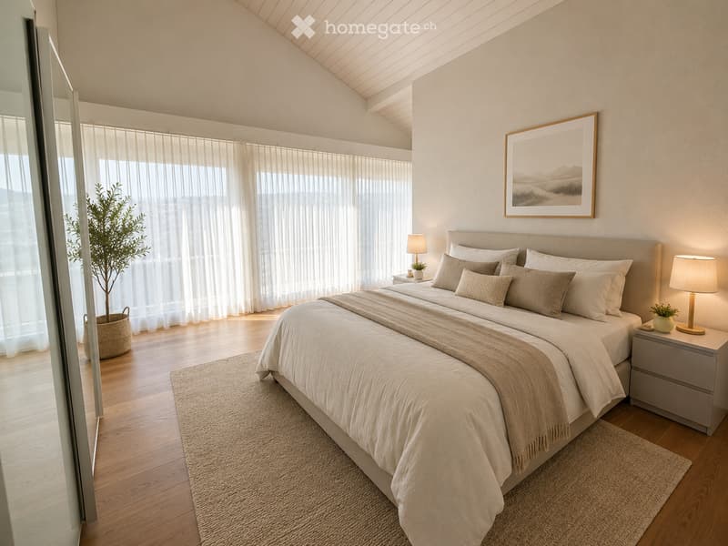A modern bedroom with a large bed, nightstands, lamps, a picture frame on the wall, a rug, and a plant in the corner. The room features wooden flooring and large windows with sheer curtains.