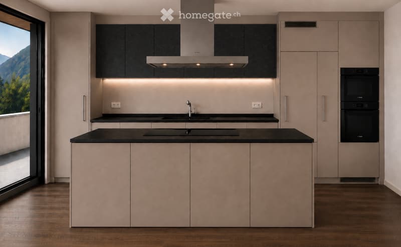 Modern kitchen with a central island, black countertops, stainless steel appliances, and a scenic mountain view through large windows.