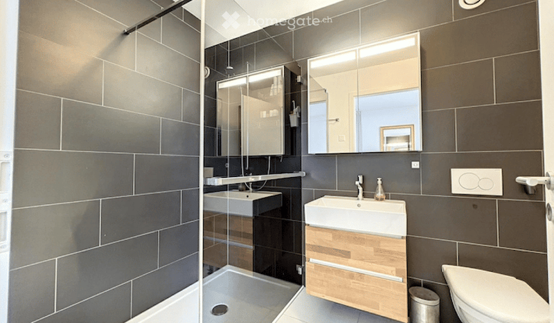 Modern bathroom with dark grey tiles, white sink, mirror, and toilet.