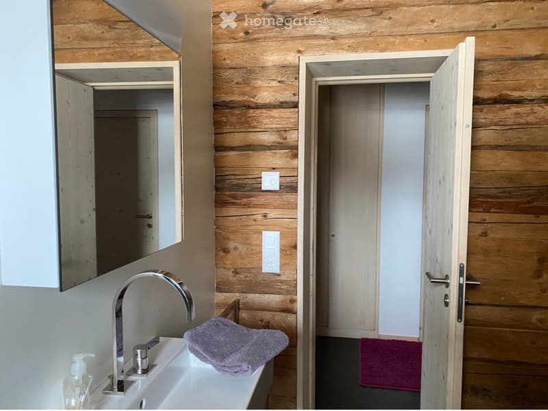 Bathroom with wooden walls, a white sink with a modern faucet, a mirror cabinet, and a towel on the counter. An open door leads to another room.