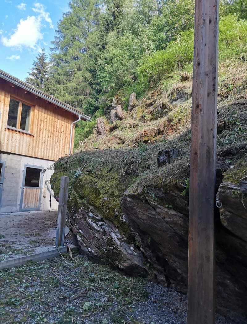 A small wooden house with a raised ground floor, situated on a rocky, moss-covered slope surrounded by dense greenery.