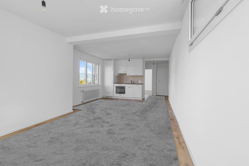 Bright, open-plan living and dining area with a grey carpet, white cabinets, and an oven in the corner. Large windows provide natural light, and the space features a radiator and wooden baseboards.