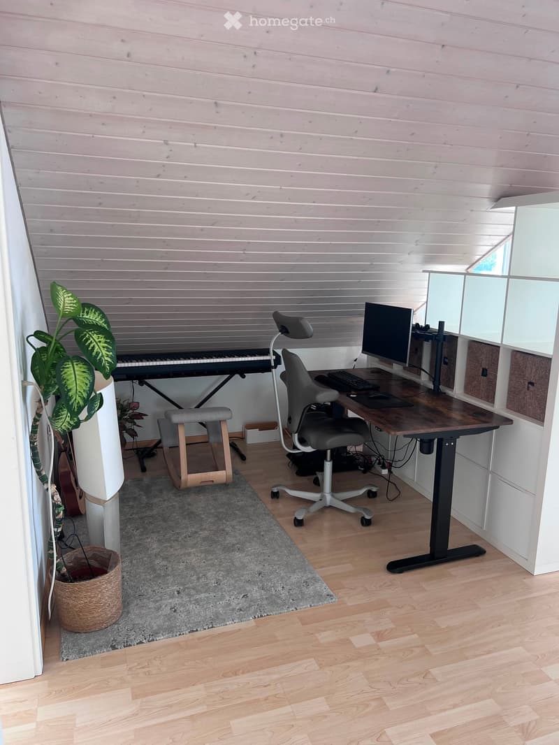 A modern, well-lit room with wooden floors and white paneled walls. It features a standing desk with a computer setup, a comfortable office chair, a small piano, a guitar, and a large leafy plant in a pot.