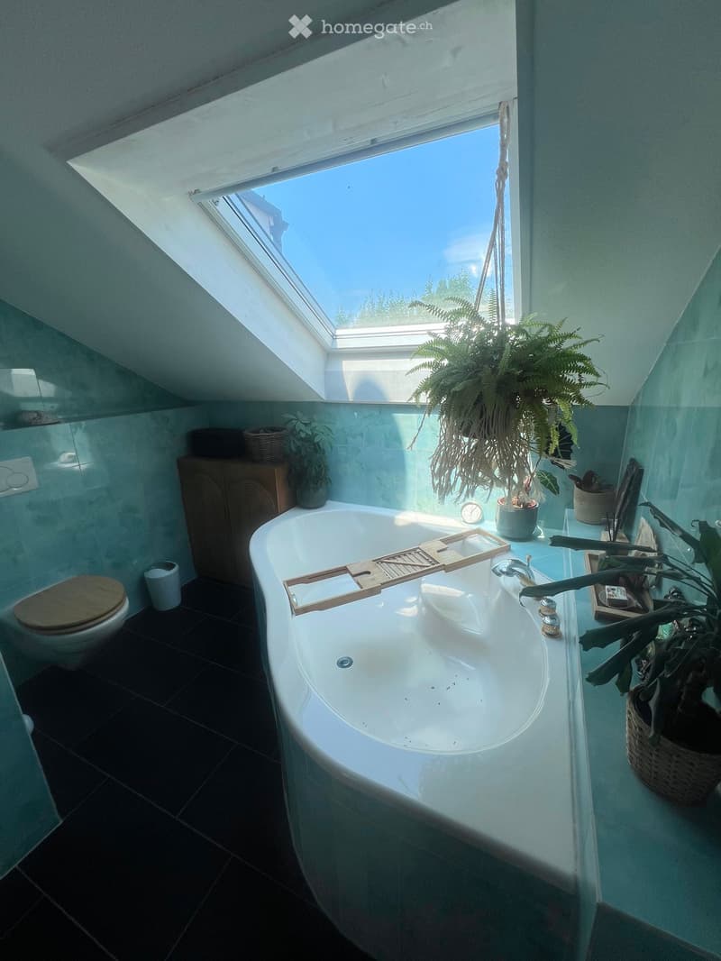 Bathroom with a large bathtub, toilet, wooden tray on the edge of the tub, and several potted plants near the window. The room has a skylight and dark tiled flooring.