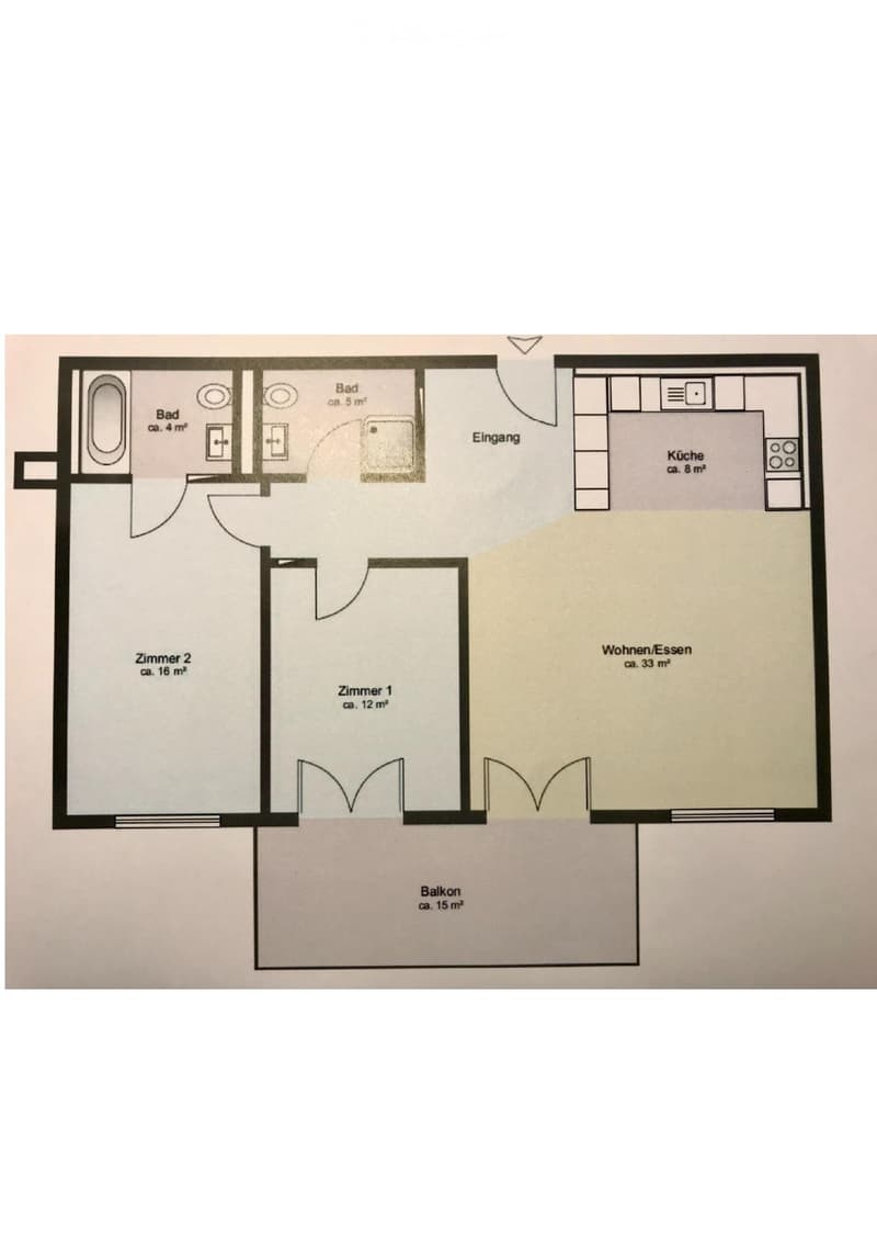 Layout includes entrance, living/dining area, kitchen, two bedrooms, two bathrooms, and a balcony.