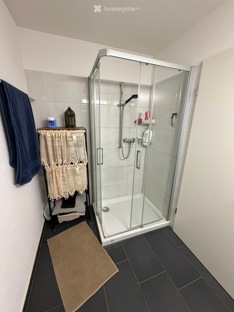 Modern bathroom with a glass-enclosed shower stall, dark tiled floor, a small shelf with towels and toiletries, and a decorative lantern on the shelf.