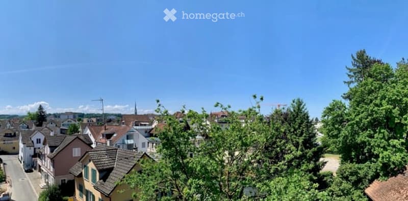 Aerial view of a suburban neighborhood with multiple houses, trees, and a clear blue sky.