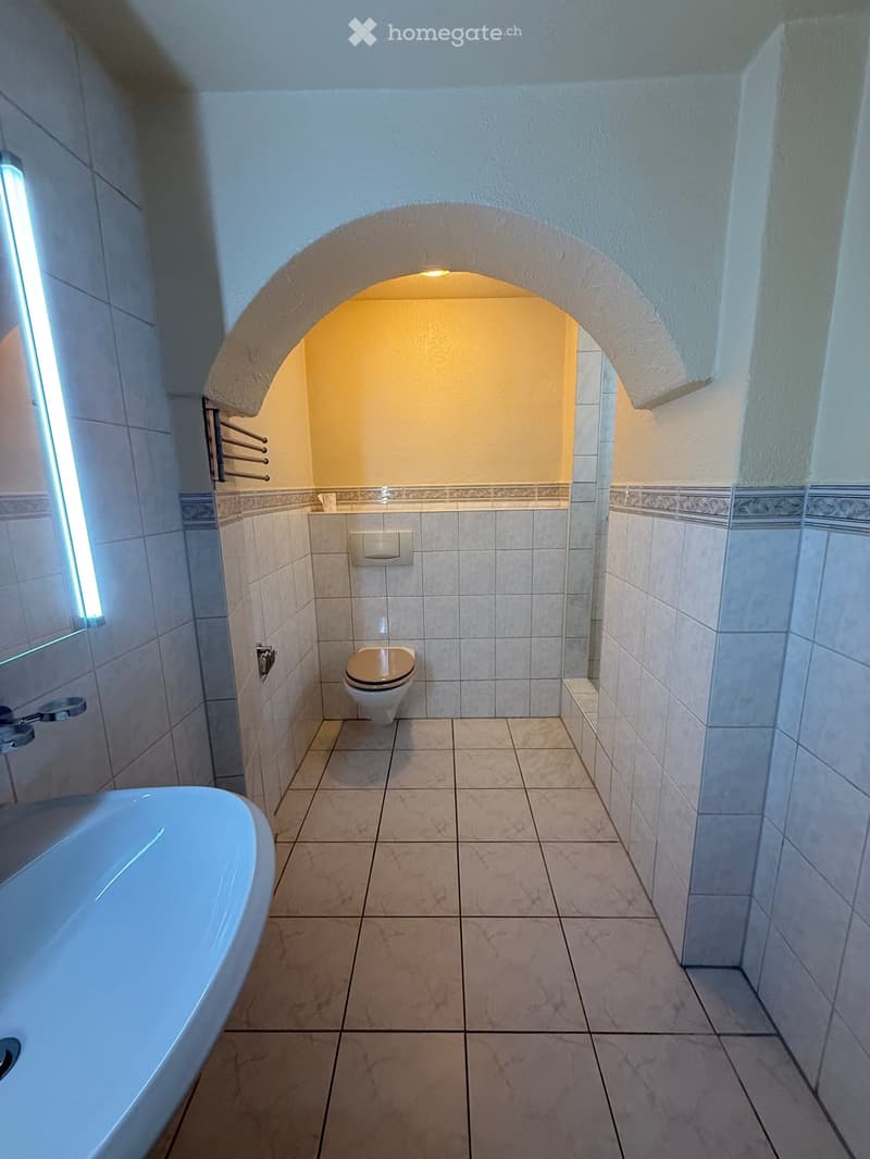 Bathroom with a bathtub, toilet, tiled walls, and a small arched doorway leading to another room.