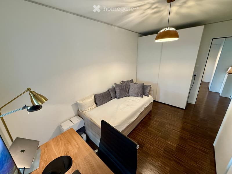 A small, furnished room with a sofa, a laptop on a desk, a chair, and a hanging lamp.