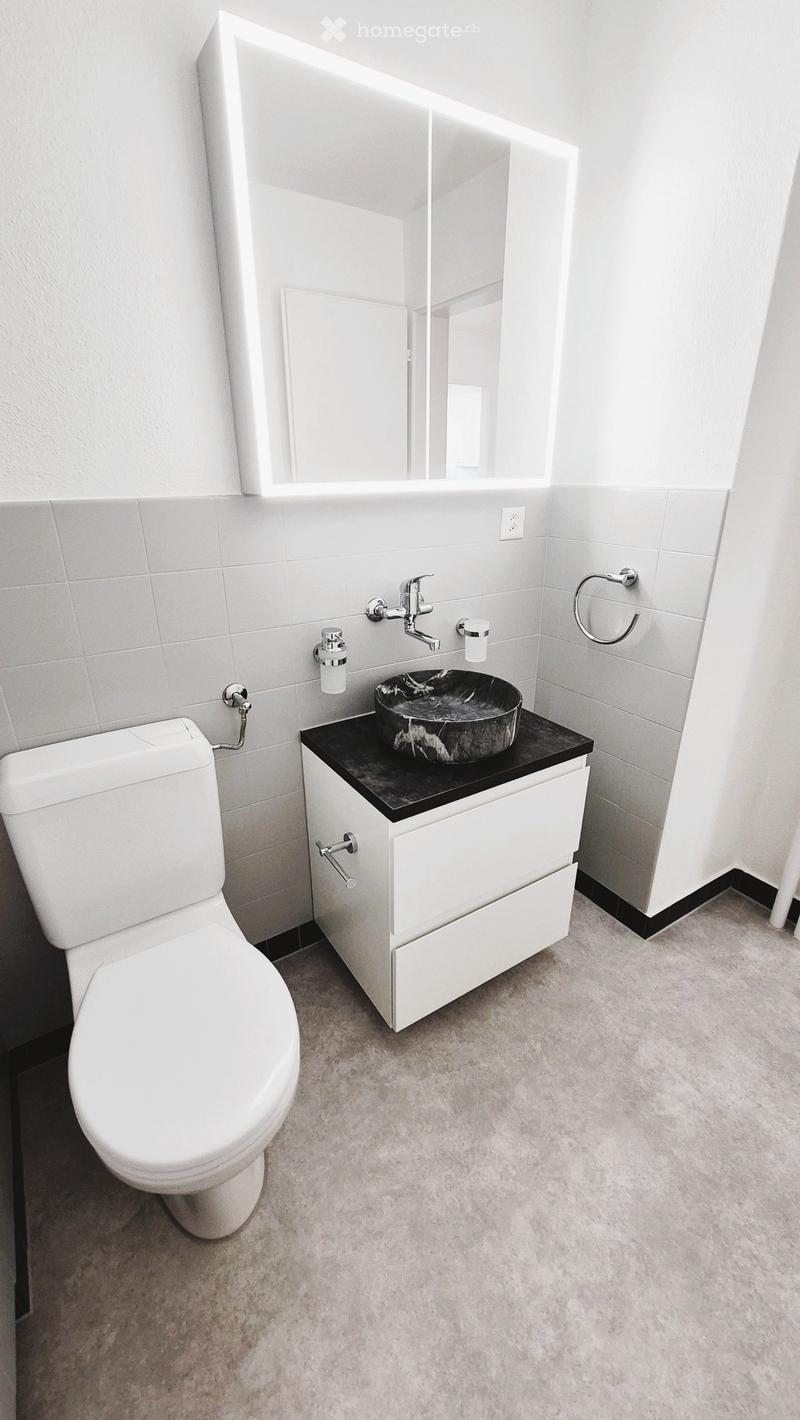 Modern bathroom with white tiled walls, a black countertop sink, a white toilet, and a large mirror above the sink.