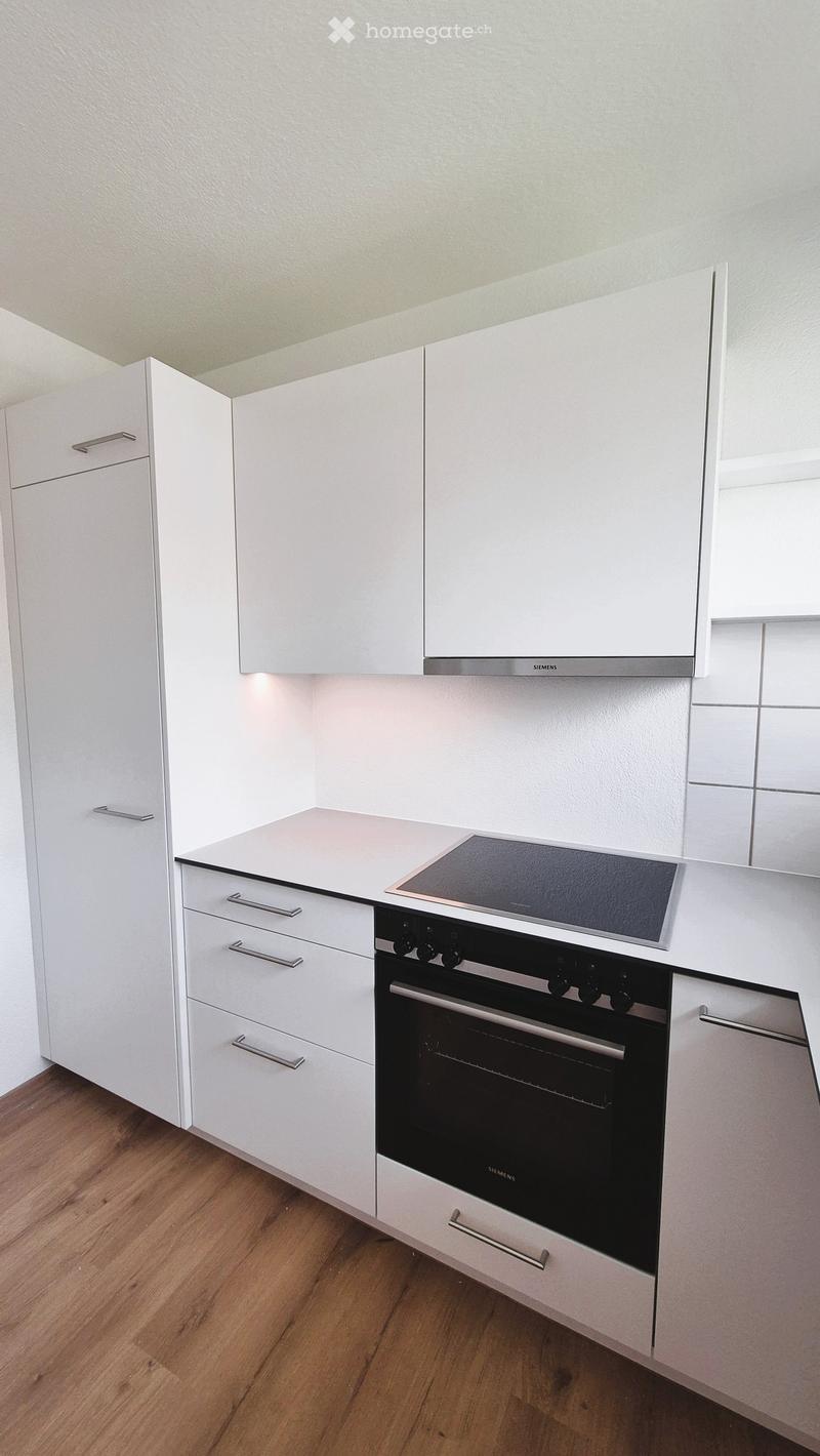 Modern white kitchen with sleek cabinets, an induction cooktop, and a built-in oven, featuring a wooden floor and soft lighting.