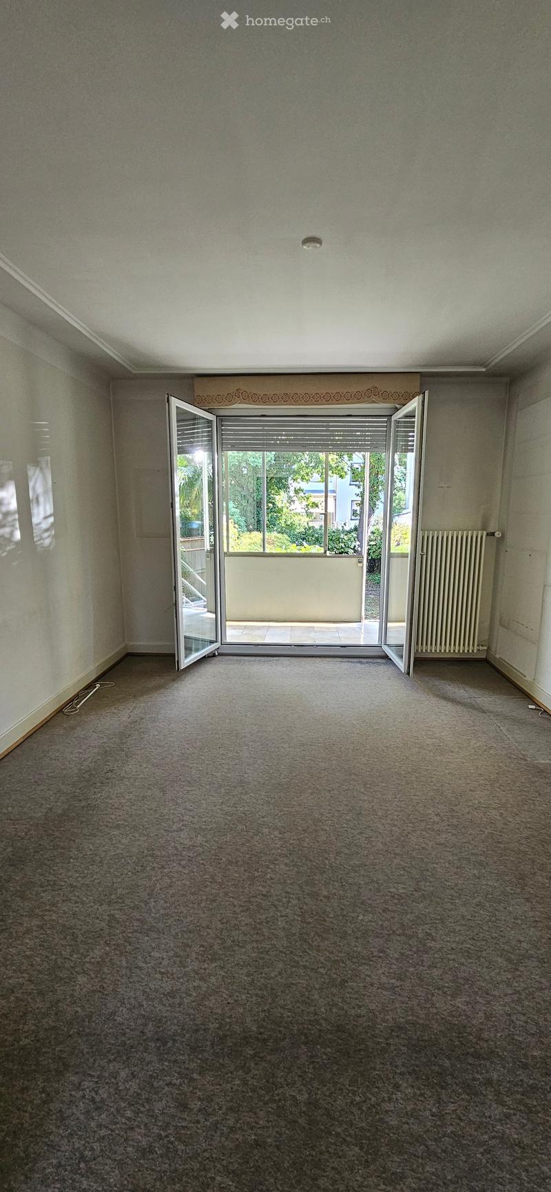 Empty room with carpeted floor, large sliding glass doors leading to a balcony, and a radiator on the wall.