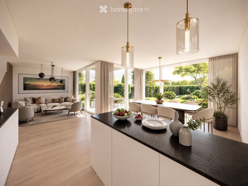 Open-plan living and dining area with modern furniture, pendant lights, and large windows overlooking a garden.