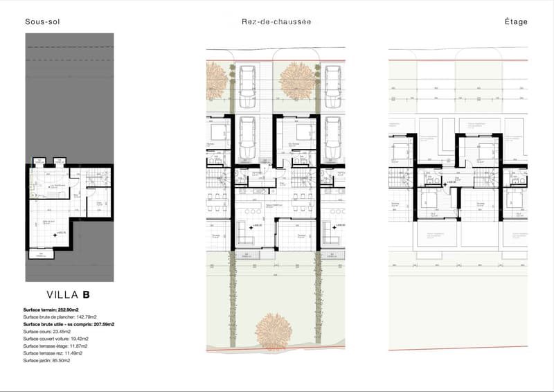 Floor plan of Villa B showing three levels: basement, ground floor, and first floor. Includes parking spaces, living areas, bedrooms, bathrooms, terraces, and garden.