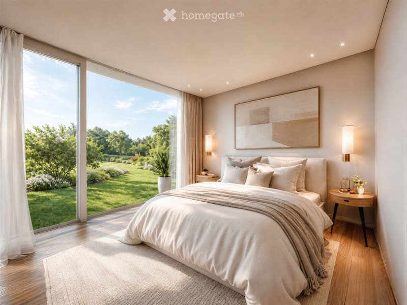 Modern bedroom with a large bed, nightstands, artwork, and a view of a well-maintained garden.