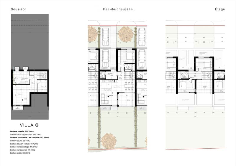 Floor plan of Villa C showing three levels: basement, ground floor, and first floor. Includes parking spaces, living areas, bedrooms, bathrooms, terraces, and garden.