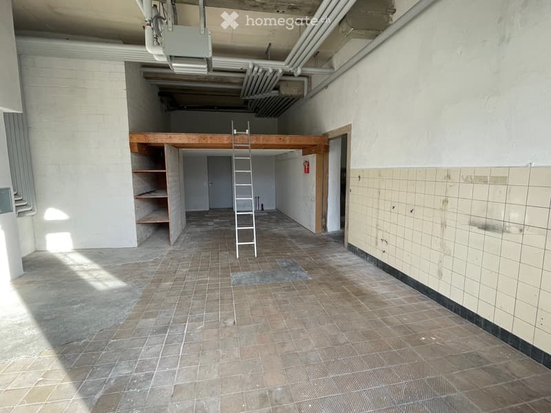 Empty room with tiled floor, exposed brick walls, wooden loft platform, ladder, and shelves. No furniture or equipment.