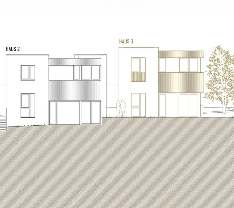 Floor plan showing two buildings labeled 'HAUS 2' and 'HAUS 3' with multiple windows, doors, and a raised ground floor for 'HAUS 3'.