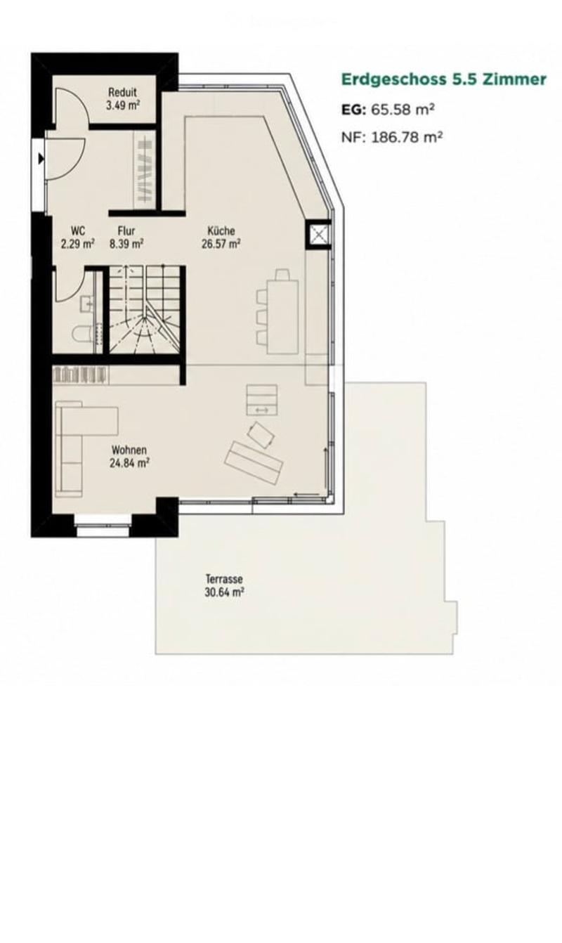 Ground floor floor plan showing a living area, kitchen, bedroom, bathroom, hallway, and terrace.