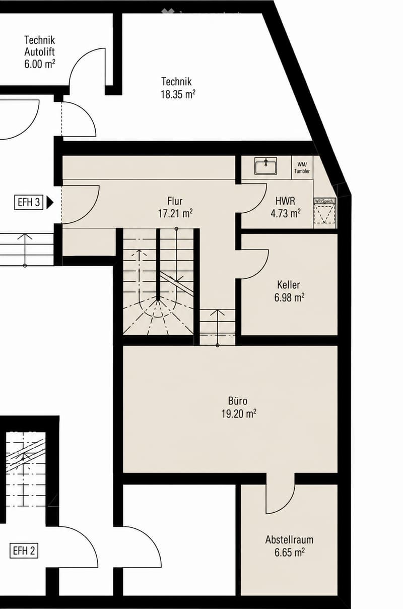 Floor plan showing a multi-level layout with labeled rooms including a floor area, technical space, office, storage room, and basement.