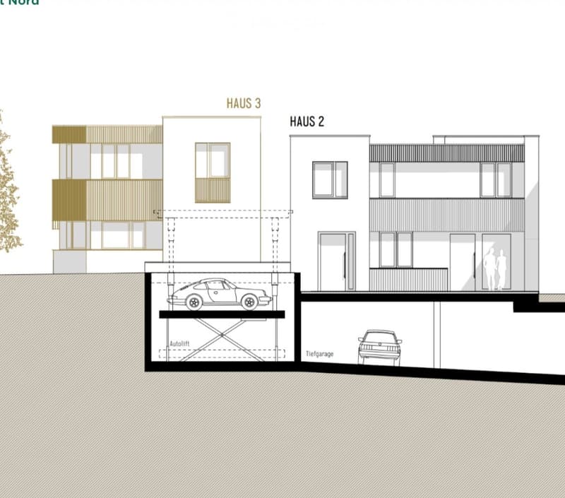 Floor plan showing three houses (HAUS 1, HAUS 2, HAUS 3) with a shared underground parking area featuring an autolift and a deep garage.