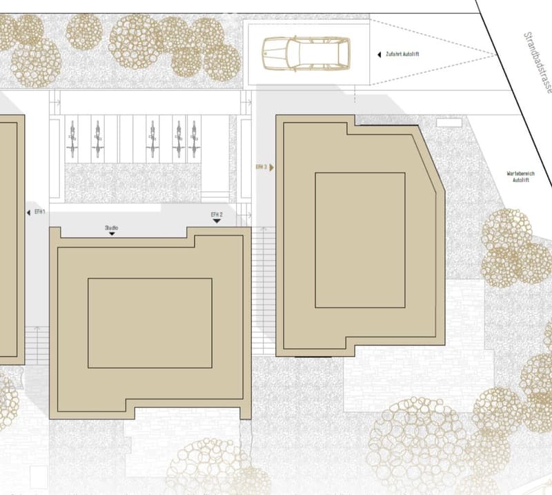 Floor plan showing a studio, three parking spaces, and an auto lift area.