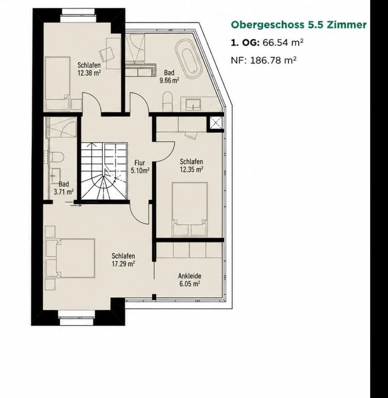 Floor plan of the upper floor showing 5.5 bedrooms, 2 bathrooms, hallway, and closet. Total area is 66.54 m² with a net floor area of 186.78 m².