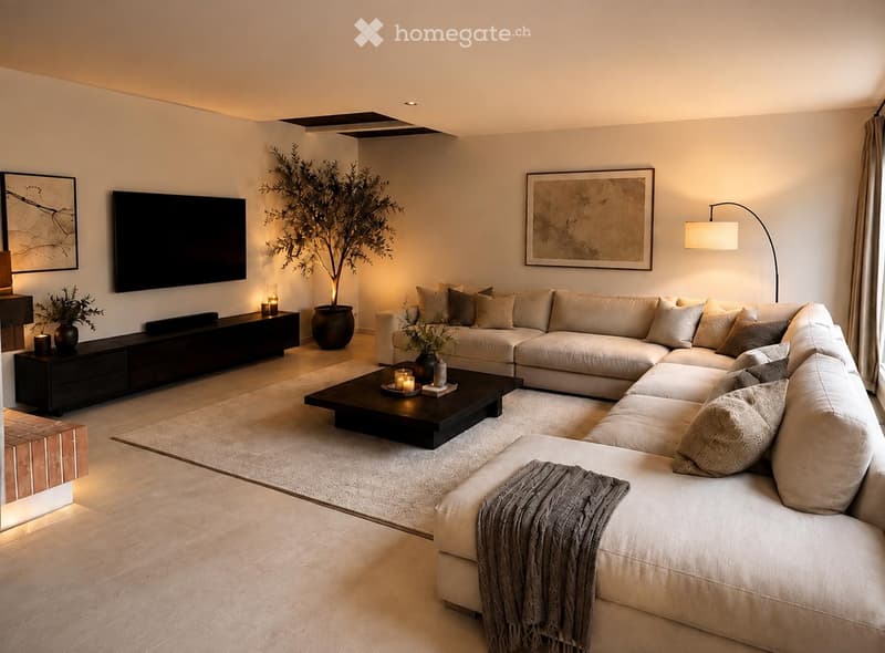 Modern living room with a large sectional sofa, coffee table, TV, floor lamp, side table, and decorative plants.