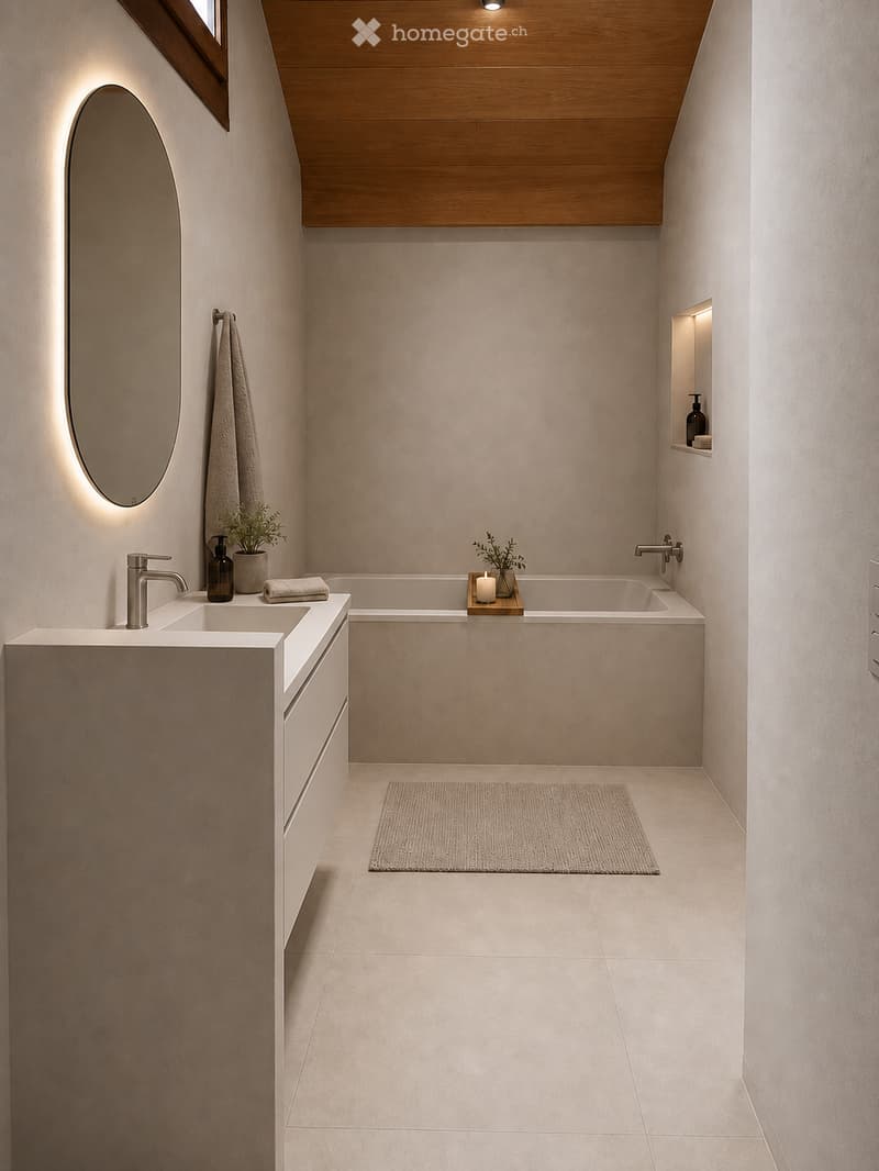 Modern bathroom with a large oval mirror, double sink, bathtub, and built-in shelving. Features include a small plant, candles, and a towel on the sink.