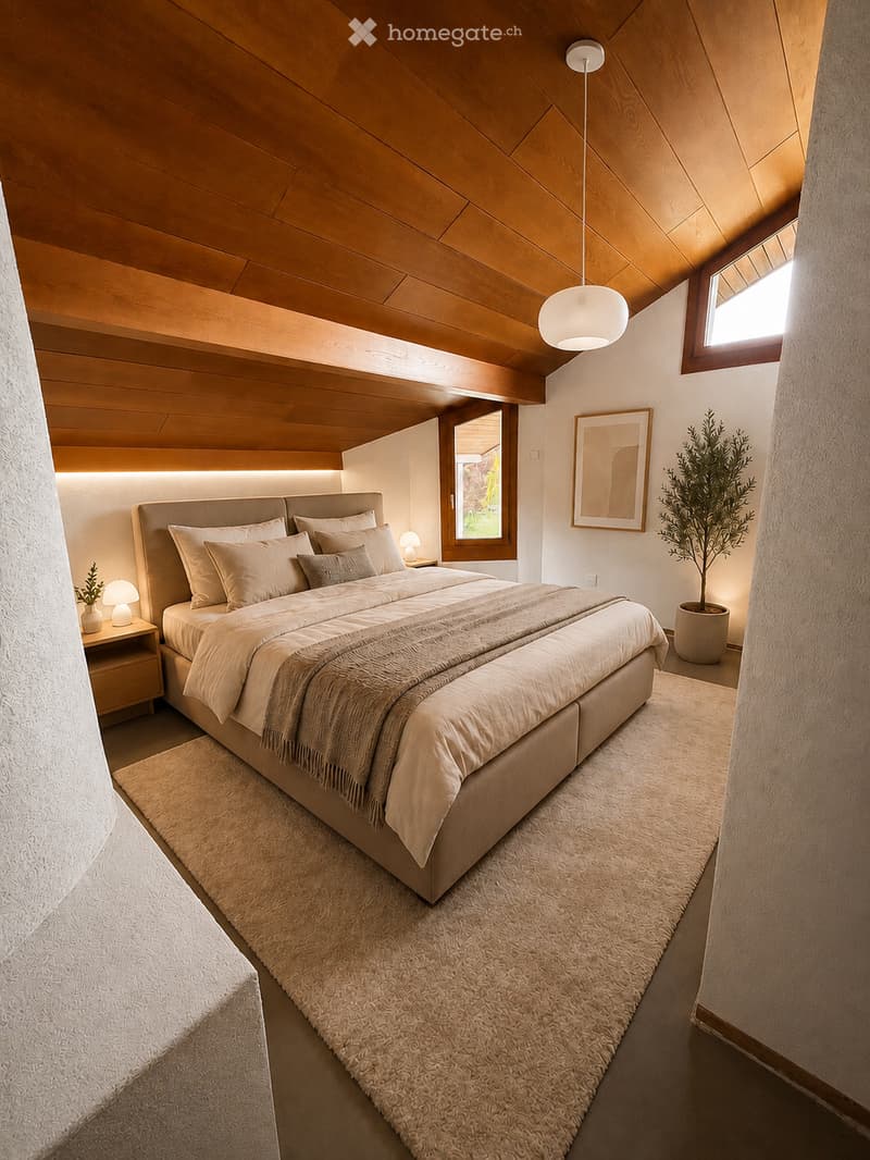 Modern bedroom with a large bed, nightstand, table lamp, potted plant, picture frame, and a large window with a view.