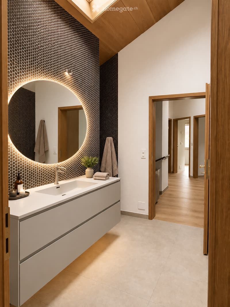Modern bathroom with a sleek white sink, curved mirror, and decorative towels. The space features a hexagonal patterned wall and warm wooden accents.