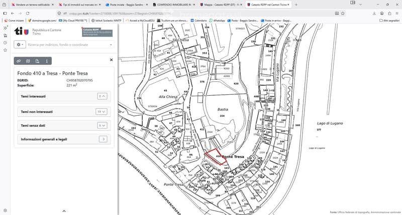 Floor plan of a property in Ponte Tresa, showing lot number 410 with a surface area of 221 m². The map includes surrounding lots and geographical references such as the Lugano Lake and local streets.