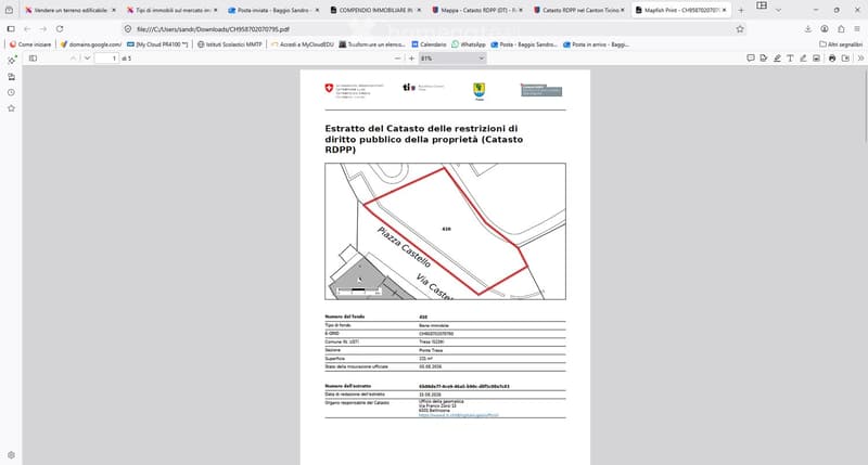 Property plot map showing boundaries, labeled as 'Piazza Castello' and 'Via Castello', with dimensions and official property details.