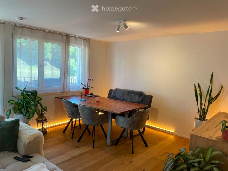 A modern, well-lit living and dining area with a sofa, dining table, chairs, and decorative plants. The space features wooden flooring, large windows with sheer curtains, and ambient lighting along the baseboards.