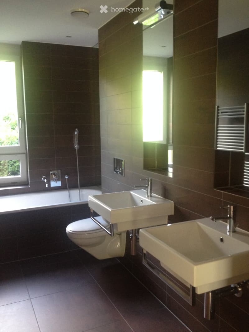Modern bathroom with dark tiled walls and floor, featuring a bathtub, toilet, double sink, and large mirror.