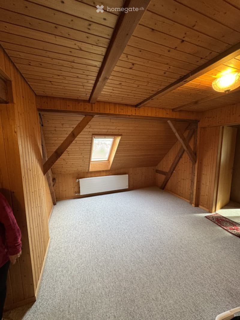 Empty attic room with wooden walls and ceiling, skylight window, radiator, and carpeted floor.