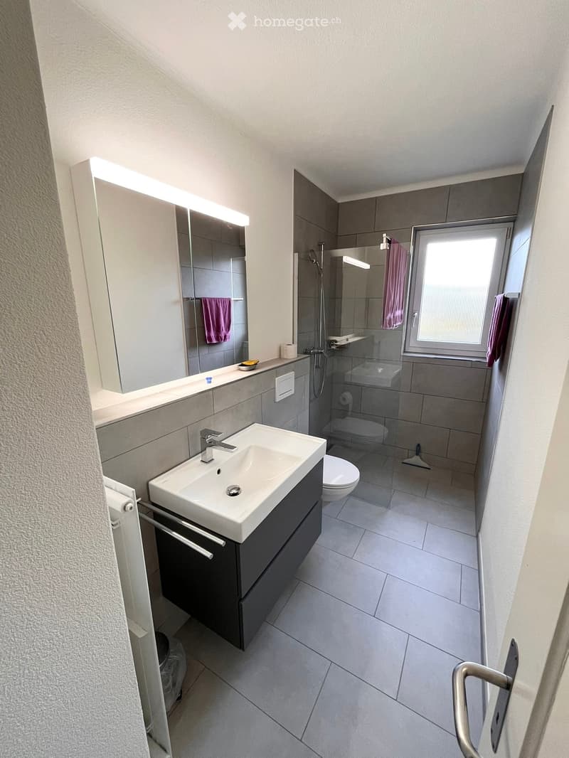 Modern bathroom with a white sink, large mirror, toilet, and glass-enclosed shower. Features tiled walls and floor, and a window providing natural light.