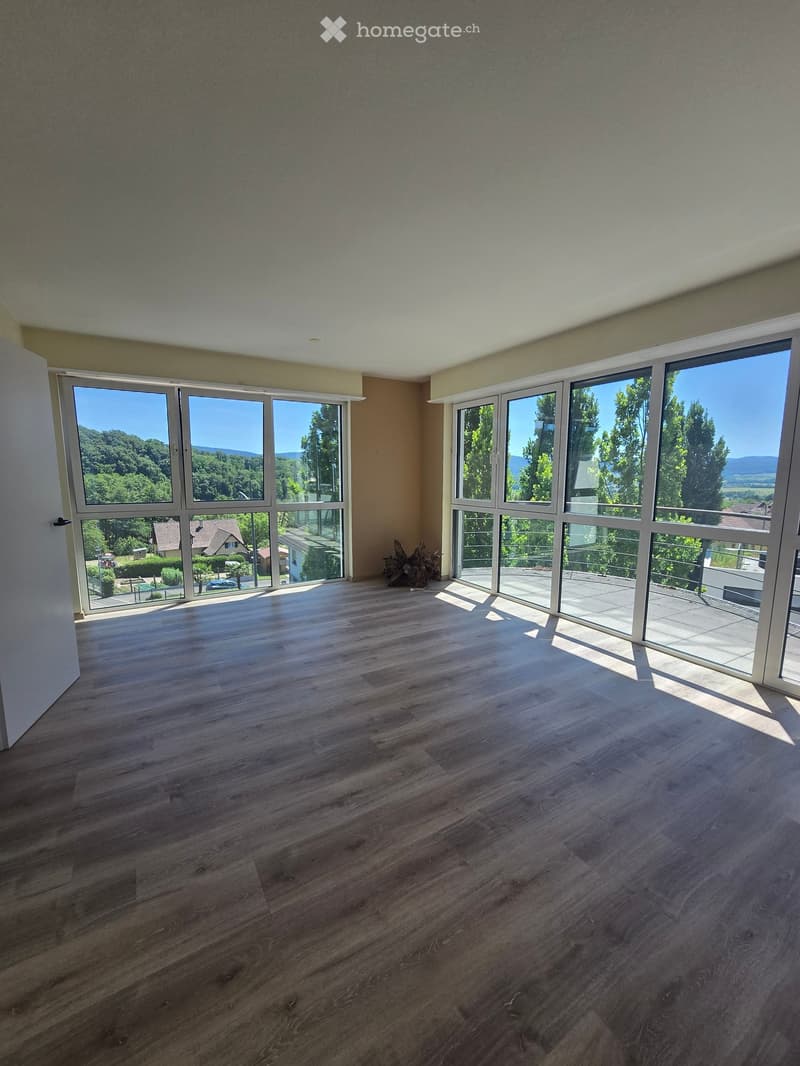 Empty room with wooden flooring, large windows, and a view of greenery and houses outside.