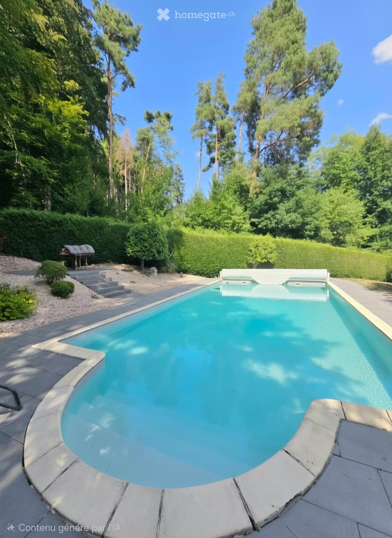 A swimming pool surrounded by a paved area, with steps leading up to a lounge area, surrounded by greenery and trees.