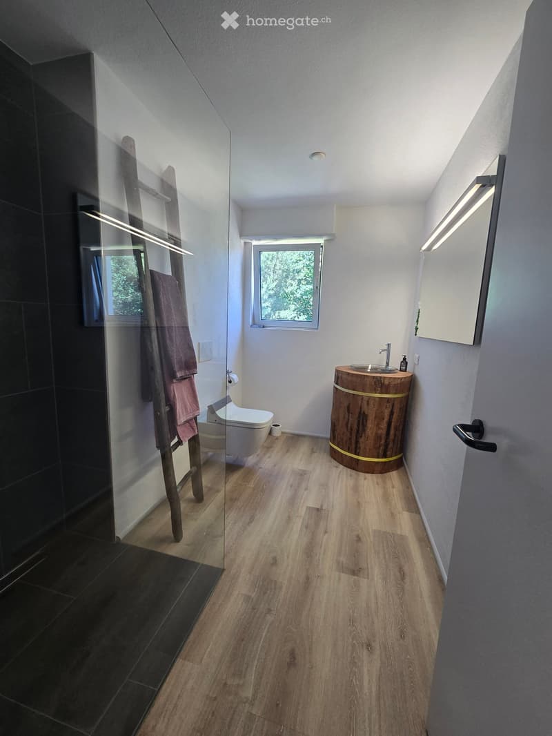 Modern bathroom with wooden flooring, a wooden sink, a toilet, and a glass-enclosed shower area.