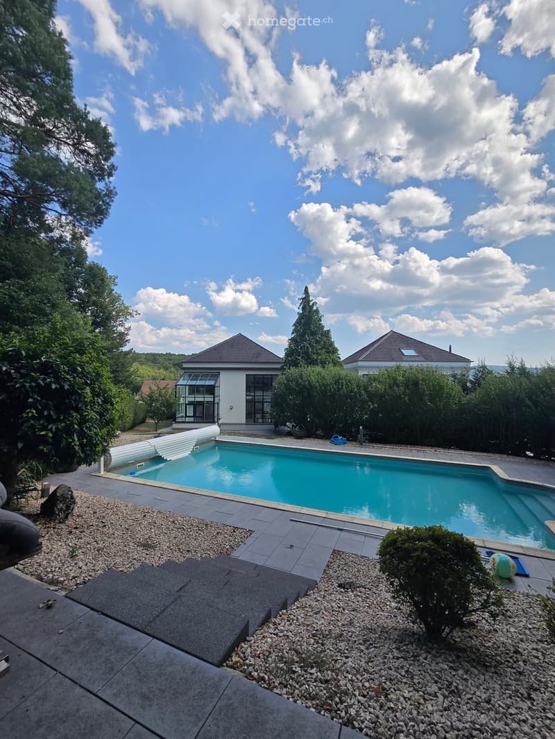 A modern outdoor area with a swimming pool, surrounded by gravel and greenery, with two houses in the background under a partly cloudy sky.