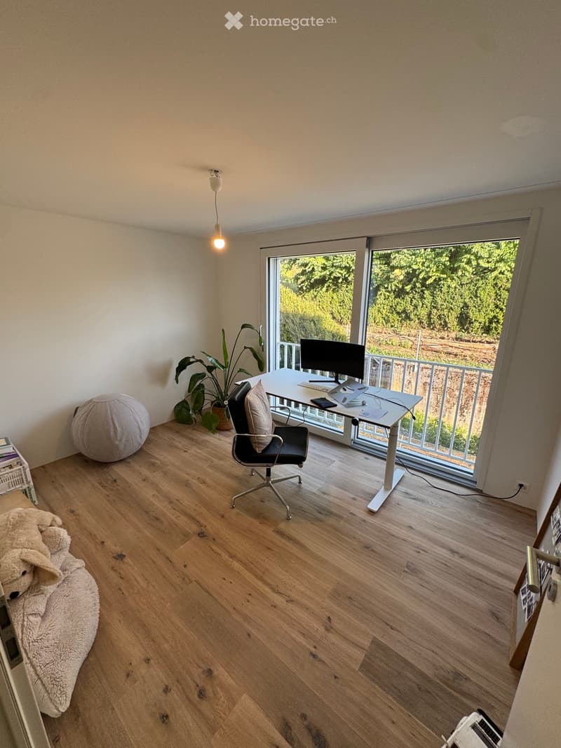 A modern, well-lit room with wooden flooring, a desk with a computer, a chair, a plant, a large window with a view, and a cozy seating area with a ball and a soft cushion.