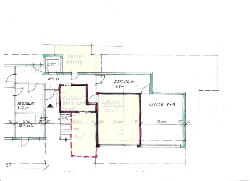 Floor plan showing a basement level with labeled areas including a garage, storage room, utility room, and heating room.
