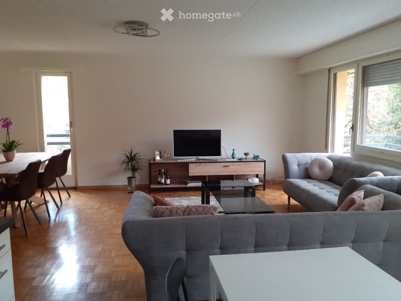 Modern living room with wooden flooring, large windows, grey sofa, coffee table, TV, dining area, and decorative items.